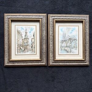 Set Of two Framed French European Landmarks - Cathedral And Clock Tower  GUC